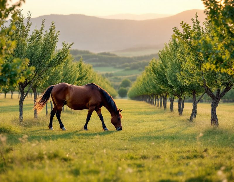 Cheval au pré dans la vallée de la Durance, collines du Luberon au loin