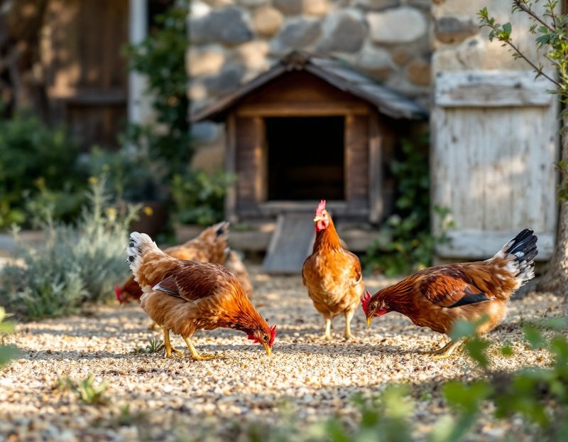 Poules qui picorent du grain près d'un petit poulailler en bois